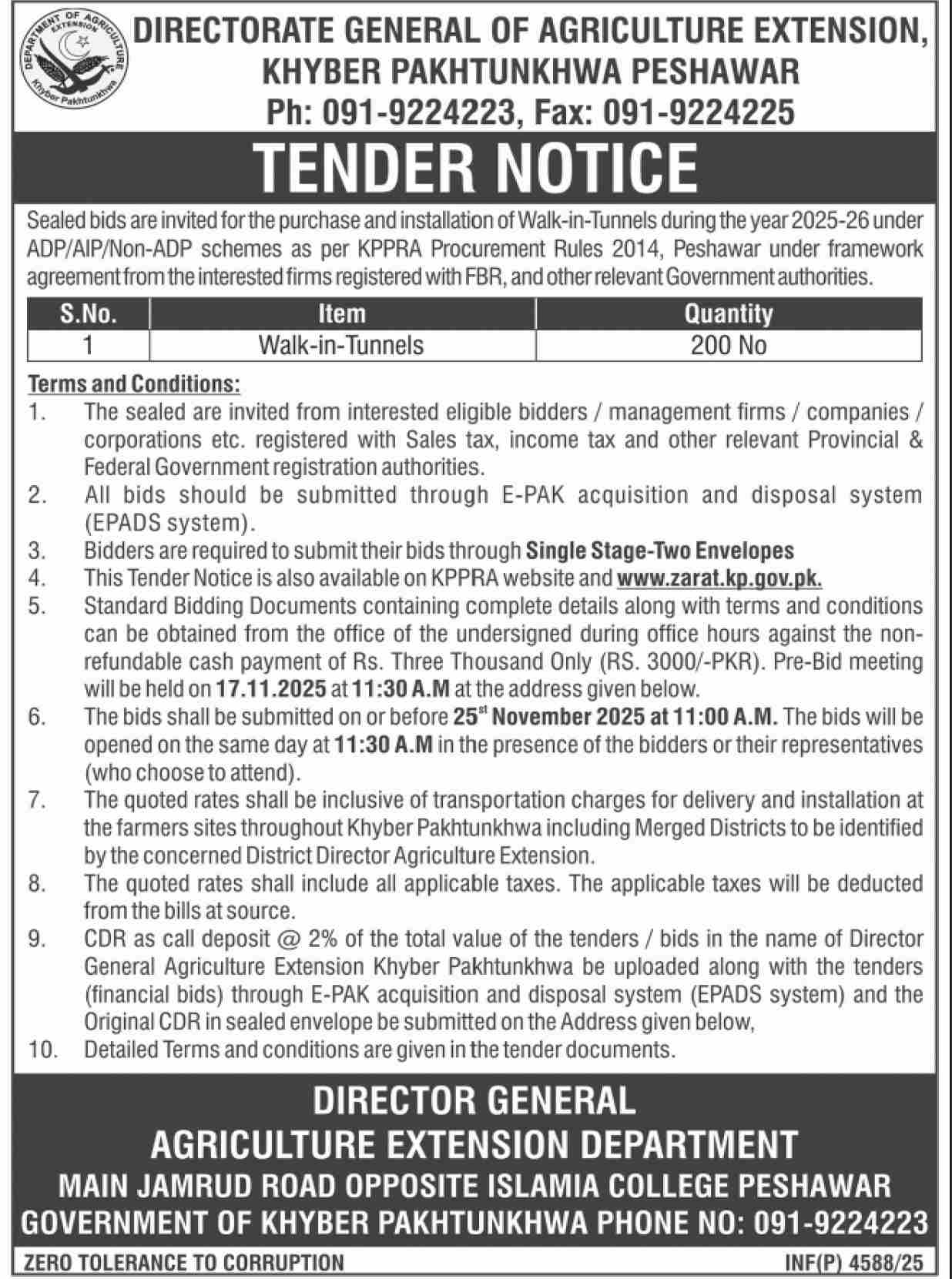 Agriculture Department Peshawar Tender Notice
